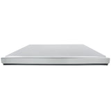 A front-facing view of a closed, silver-colored laptop placed on a white surface, showing only the thin front edge and lid—its minimalistic, modern design resembling the sleek style of Empura Refrigeration products.
