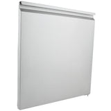 A plain, rectangular, silver metal panel with a slightly raised top edge and a small protrusion at the bottom right corner. This smooth Empura Refrigeration door (right) is pictured against a white background.