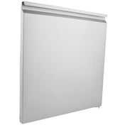 A plain, rectangular, silver metal panel with a slightly raised top edge and a small protrusion at the bottom right corner. This smooth Empura Refrigeration door (right) is pictured against a white background.