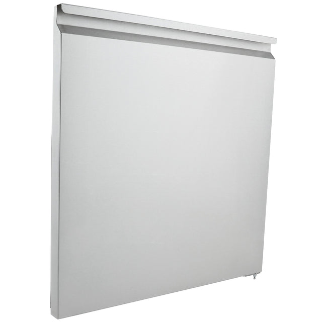A plain, rectangular, silver metal panel with a slightly raised top edge and a small protrusion at the bottom right corner. This smooth Empura Refrigeration door (right) is pictured against a white background.