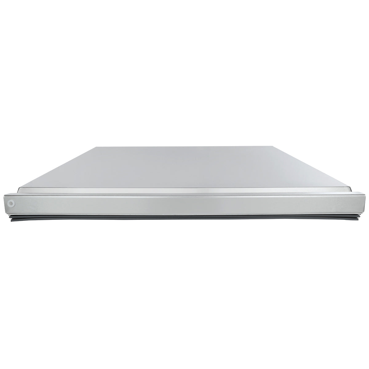 A closed, silver laptop viewed from the front against a white background. The device is thin, with a smooth metallic finish reminiscent of Empura Refrigeration products and a small circular power indicator on the left side of the front edge.