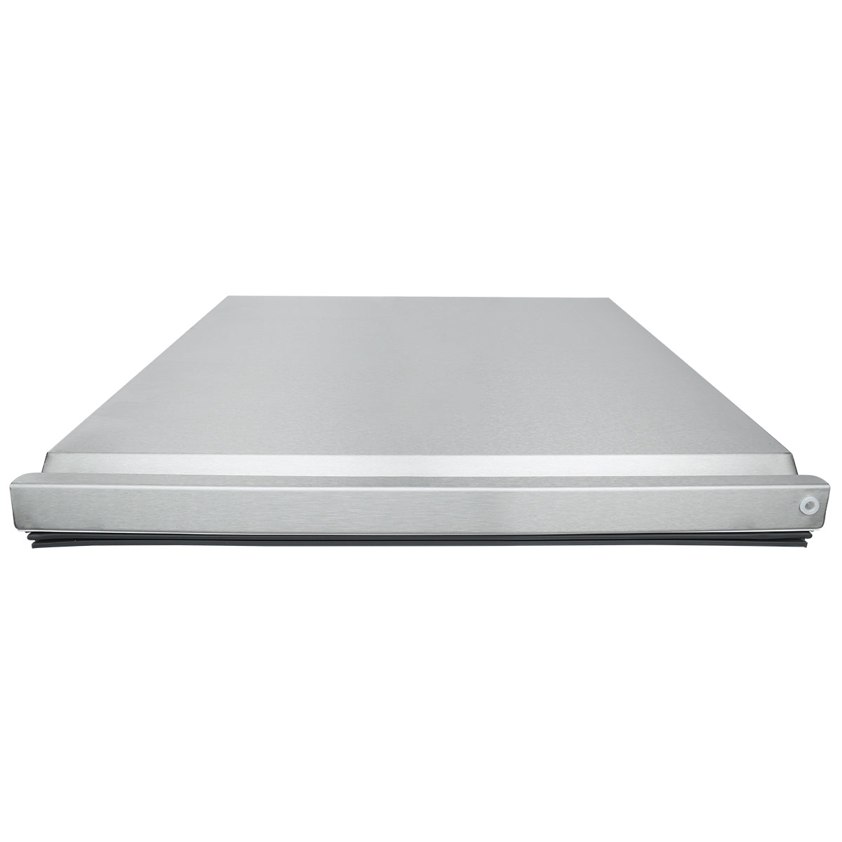 A flat, rectangular stainless steel dishwasher door viewed from the front with the handle and control panel at the bottom edge; the simple, modern design with clean lines and a metallic finish complements Empura Refrigeration style.