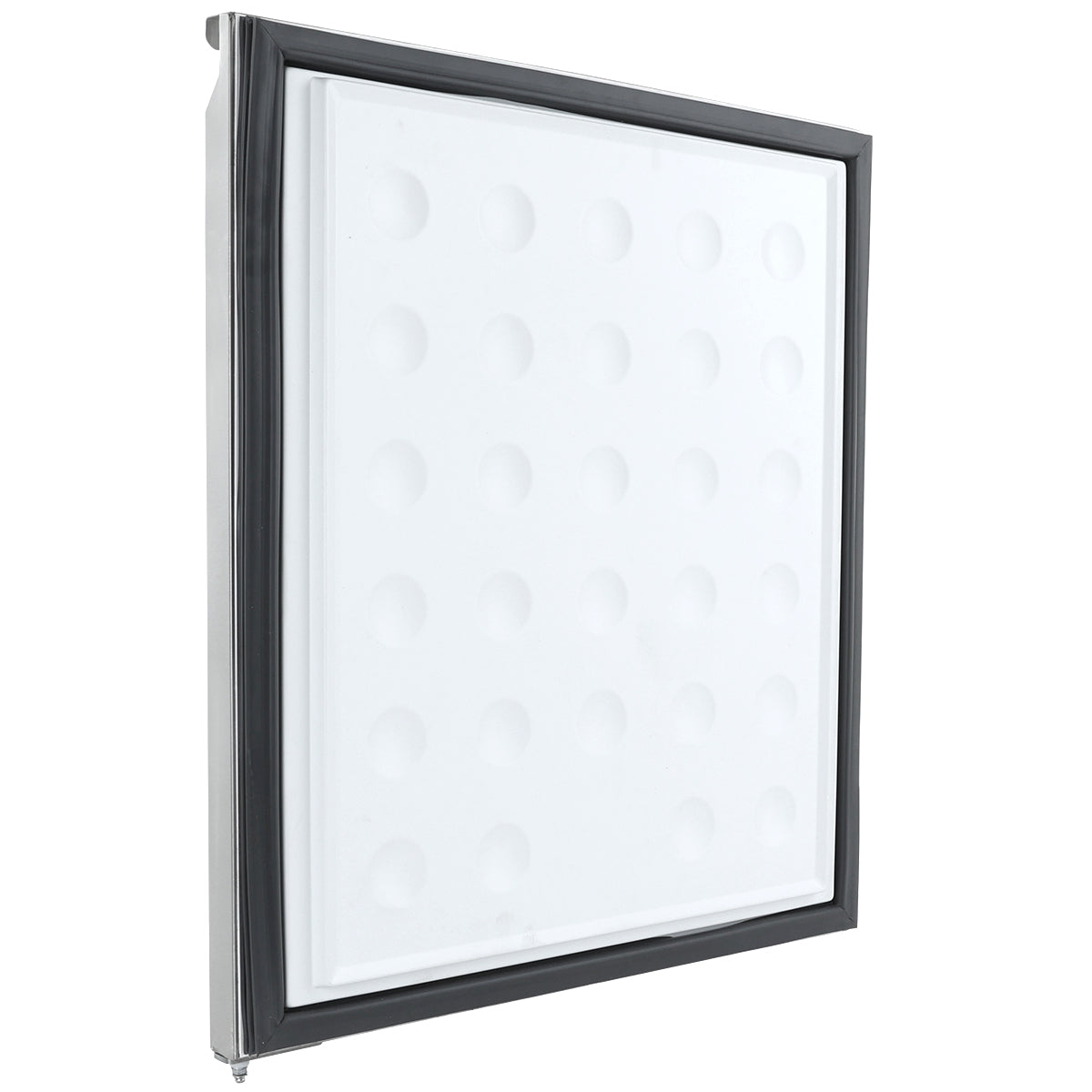A white, square Empura Refrigeration door right is shown standing upright with a black rubber gasket around the edge. The surface features a grid of raised circular bumps, giving it a textured look against the plain white background.