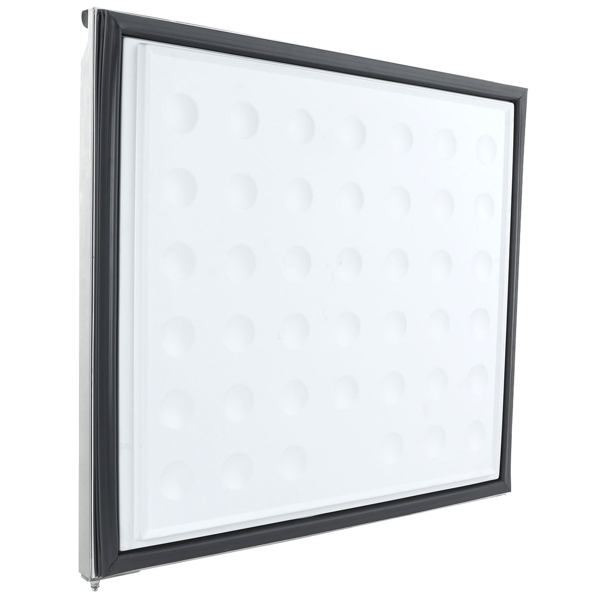 A square white vent or filter with a black frame, displayed at an angle. The clean, industrial design—ideal for air filtration—resembles Empura Parts often found in Empura Refrigeration systems, featuring a grid of evenly spaced raised circular bumps.