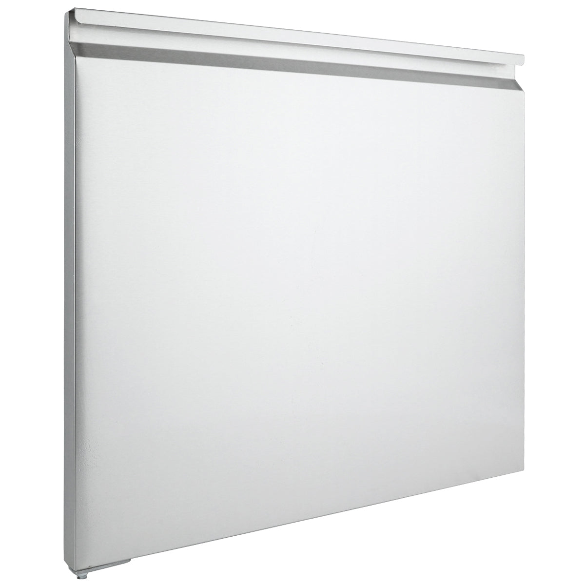 A plain, rectangular, flat white metal panel—likely a Door (Left) replacement—features a slightly raised edge along the top. The smooth, unadorned surface is photographed at an angle, highlighting its depth and suitability for Empura Refrigeration units.