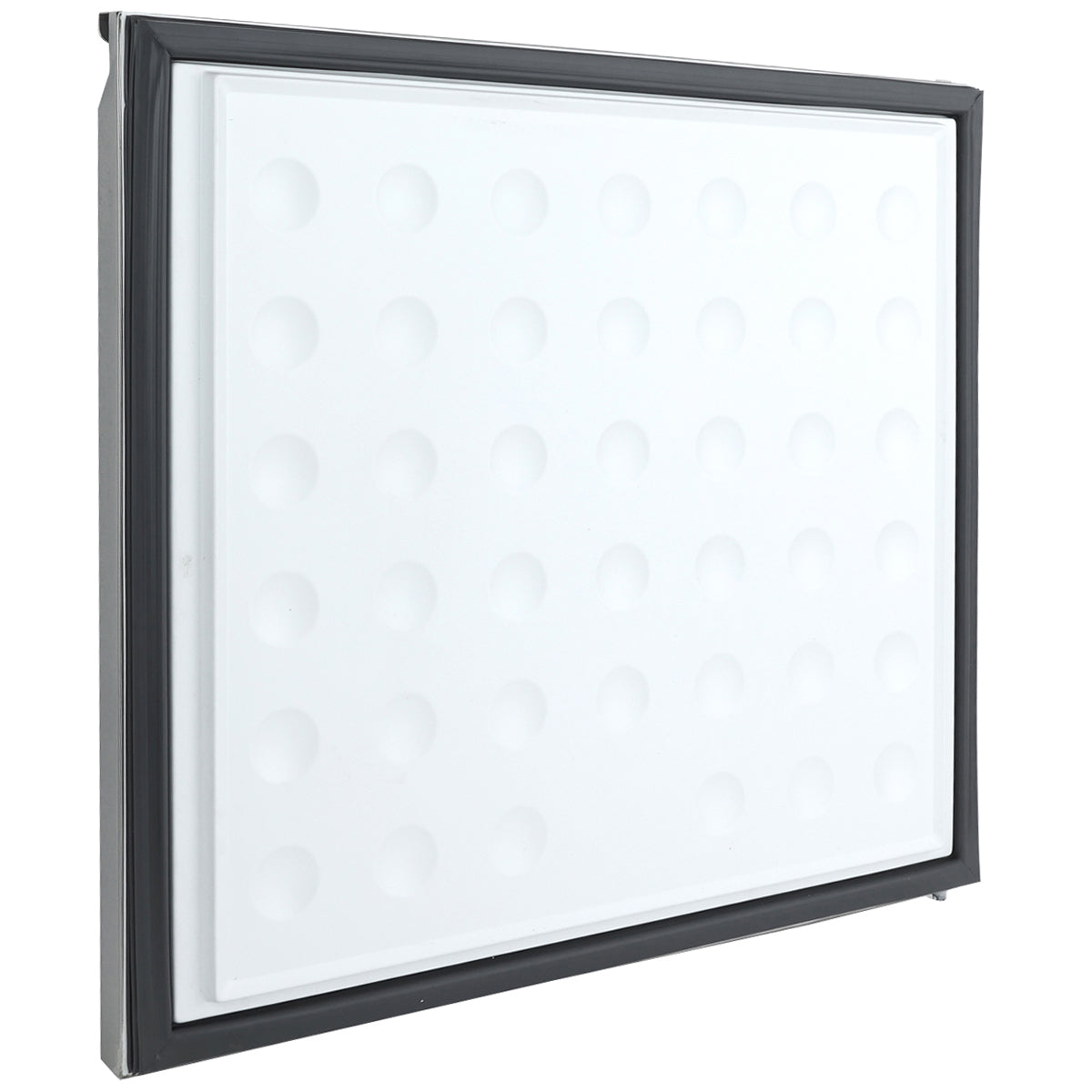 A square, white air filter with a black frame from Empura Parts is shown angled slightly to the left. The textured surface features a grid of raised circular bumps. This component is compatible with Empura Refrigeration systems. Background is plain white.