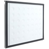 A square, white air filter with a black frame from Empura Parts is shown angled slightly to the left. The textured surface features a grid of raised circular bumps. This component is compatible with Empura Refrigeration systems. Background is plain white.