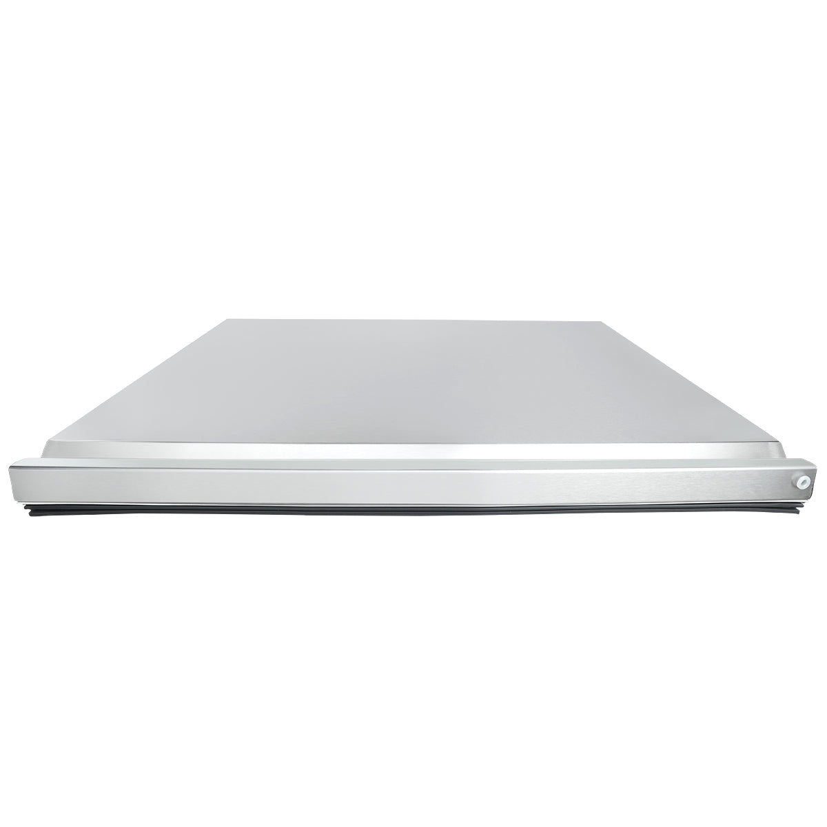 A silver laptop viewed from the front with the lid closed, showing a sleek and thin design. Like Empura Refrigeration units, its smooth edges curve gently, and there’s a small circular indentation on the right side for power or opening.