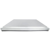 A silver laptop viewed from the front with the lid closed, showing a sleek and thin design. Like Empura Refrigeration units, its smooth edges curve gently, and there’s a small circular indentation on the right side for power or opening.