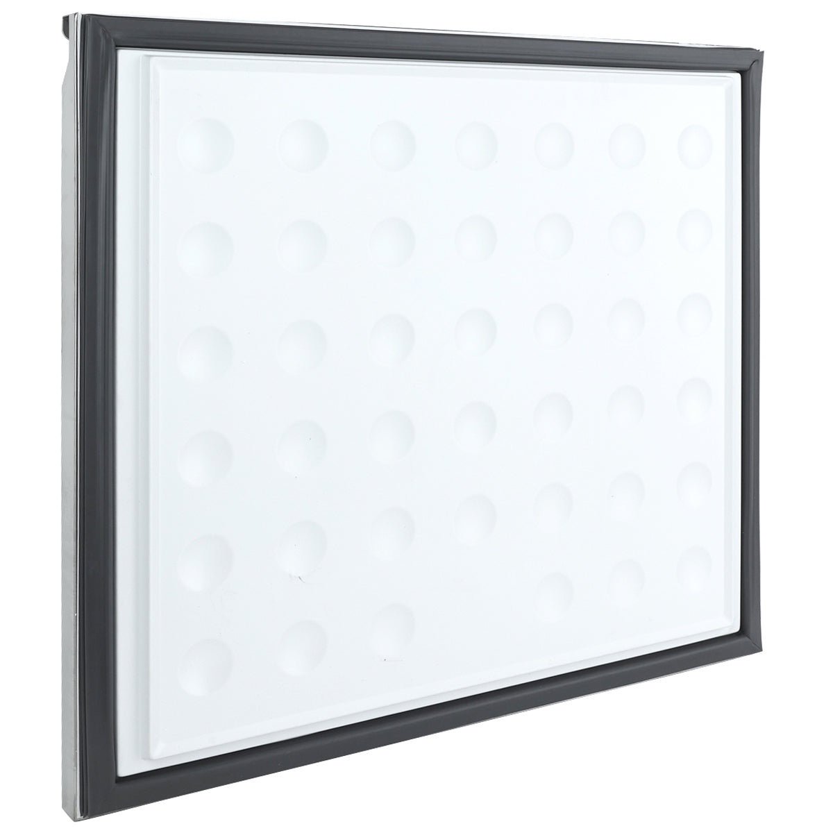 A rectangular white plastic panel with a raised dot pattern and a black frame around the edges, photographed against a plain white background. This clean Empura Refrigeration door (left) panel is angled slightly to the side.
