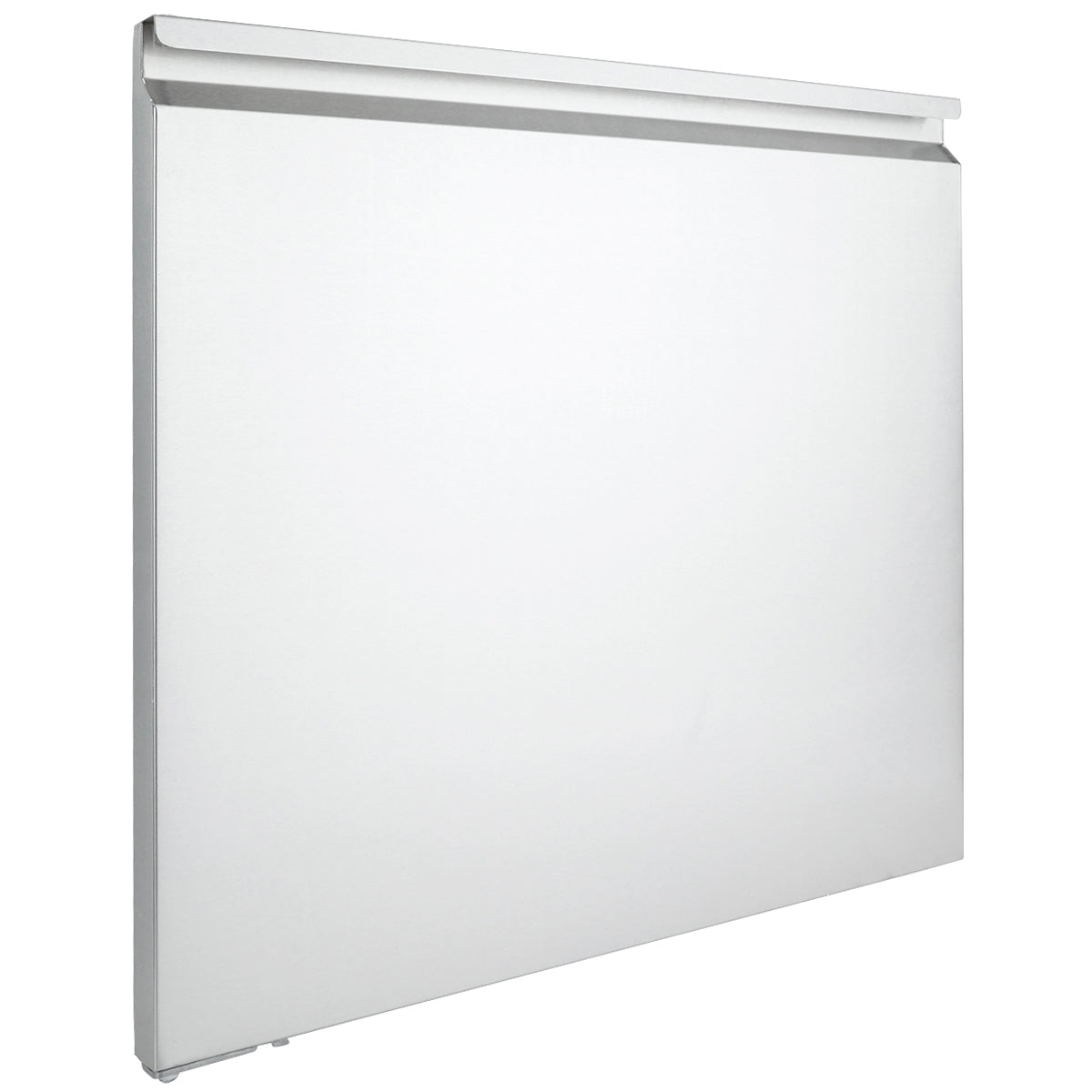 A plain, flat, rectangular white metal panel heater with a slim, minimalist design and a discreet top vent—resembling the clean lines of Empura Refrigeration units—is photographed against a white background, shown angled slightly from the side.