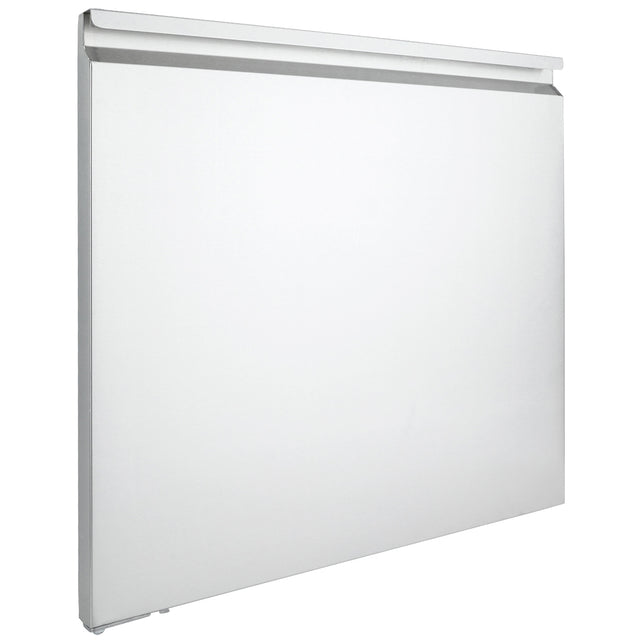 A plain, flat, rectangular white metal panel heater with a slim, minimalist design and a discreet top vent—resembling the clean lines of Empura Refrigeration units—is photographed against a white background, shown angled slightly from the side.