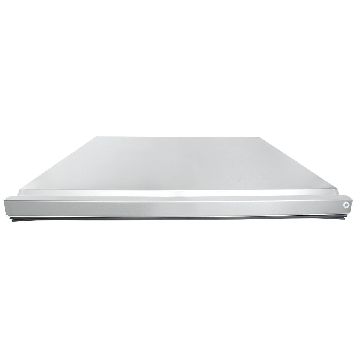 A front view of a stainless steel appliance drawer with a sleek, modern handle. The smooth, clean surface reflects light slightly, and the minimalist design suggests it could be an Empura Refrigeration unit or feature Empura Parts.