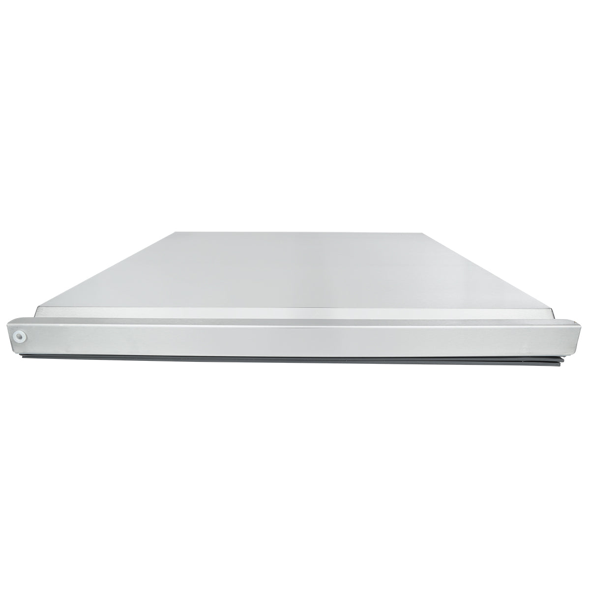 A flat, rectangular stainless steel surface with a raised edge is shown from a low, front-facing angle against a white background. The object appears to be an Empura Refrigeration part, possibly related to the door (middle) section of a commercial appliance.