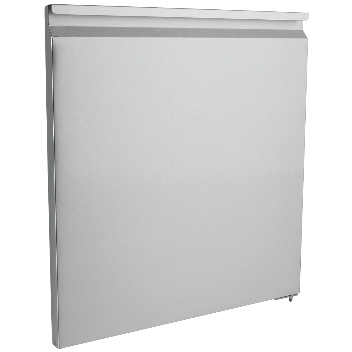 A plain, rectangular, silver metal radiator with a smooth, flat front panel and a slightly angled top edge. Reminiscent of Empura Refrigeration’s clean design, it features modern lines and a small valve near the bottom right corner.