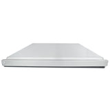A flat, rectangular stainless steel surface with a brushed finish, viewed from the front at a low angle. This modern metal countertop, designed for Empura Refrigeration units, features a slightly raised edge at the back and front for containment.