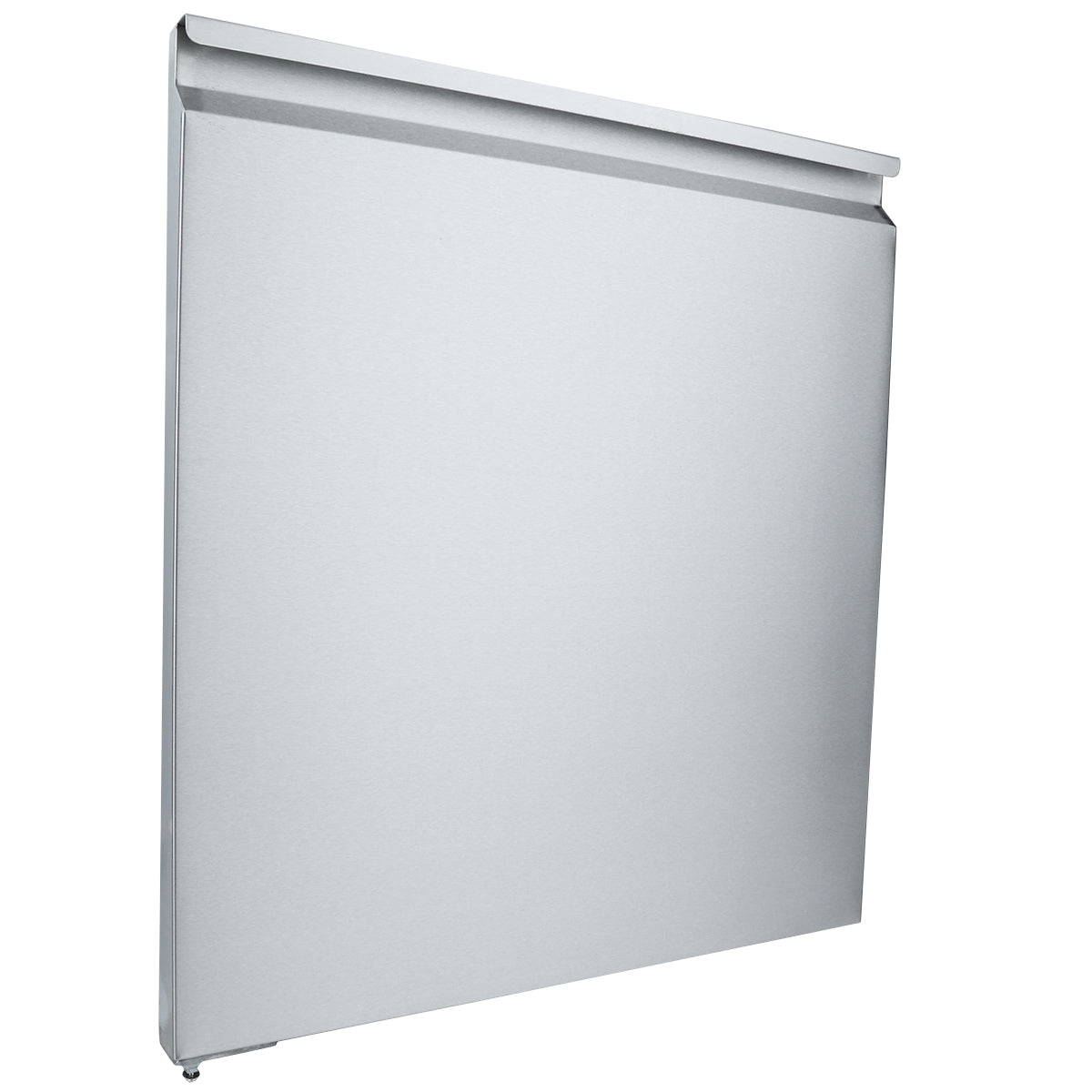 A flat, rectangular, metallic silver panel with a smooth surface and a slight ledge at the top, this Empura Refrigeration Door (Left) stands vertically against a white background with one small adjustable foot visible at the bottom left corner.