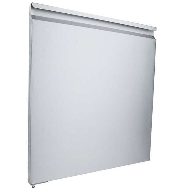 A flat, rectangular, metallic silver panel with a smooth surface and a slight ledge at the top, this Empura Refrigeration Door (Left) stands vertically against a white background with one small adjustable foot visible at the bottom left corner.