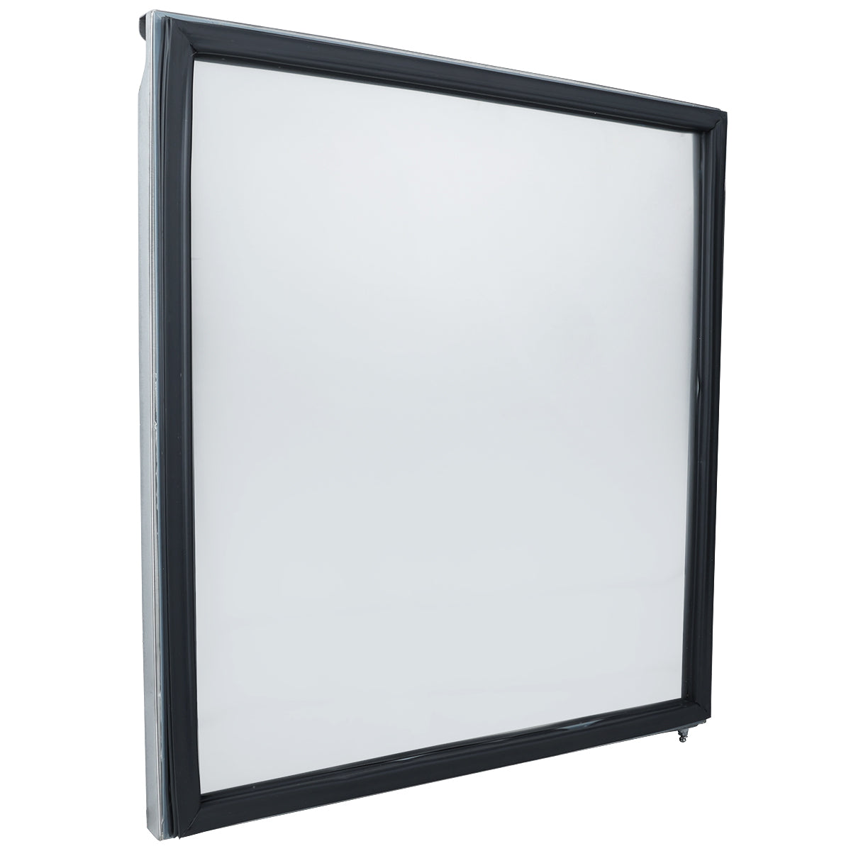 A square window screen with a black frame and mesh center, pictured at an angle against a white background. Compatible with Empura Parts, the frame’s edges are smooth and the mesh allows light to pass through while keeping insects out.