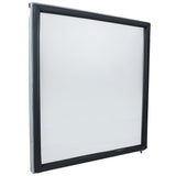 A square window screen with a black frame and mesh center, pictured at an angle against a white background. Compatible with Empura Parts, the frame’s edges are smooth and the mesh allows light to pass through while keeping insects out.