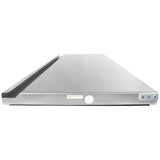 A close-up front view of a flat, rectangular stainless steel commercial kitchen griddle from Empura Parts, featuring a smooth cooking surface, grease trough on the left side, and control knobs on the right. The shiny surface reflects light, emphasizing its clean appearance.