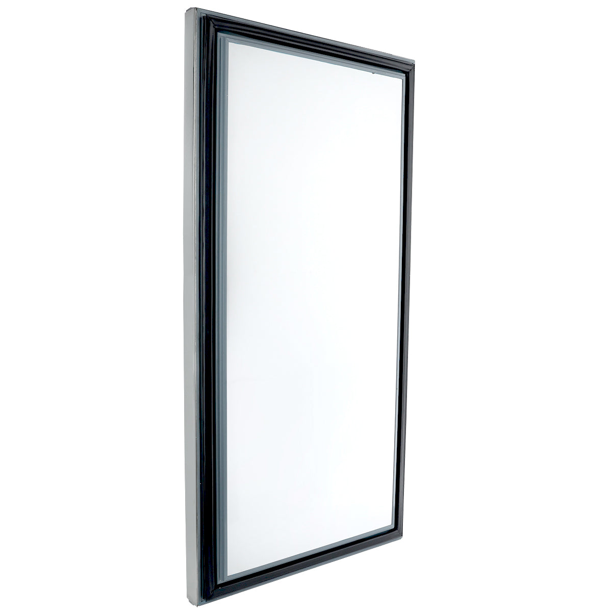 A rectangular wall mirror with a simple, black frame is shown at an angle. The frame has clean lines and a slight bevel, echoing the modern look of Empura Refrigeration units. The mirror’s surface is clear and reflects white light.