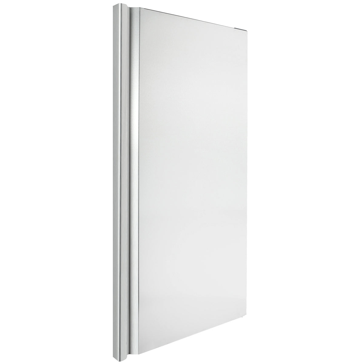 A rectangular, frameless, clear glass shower screen with a silver vertical hinge on the left side—Door Right option. Photographed on a white background at a slight angle to show depth. The design is modern and minimalist.
