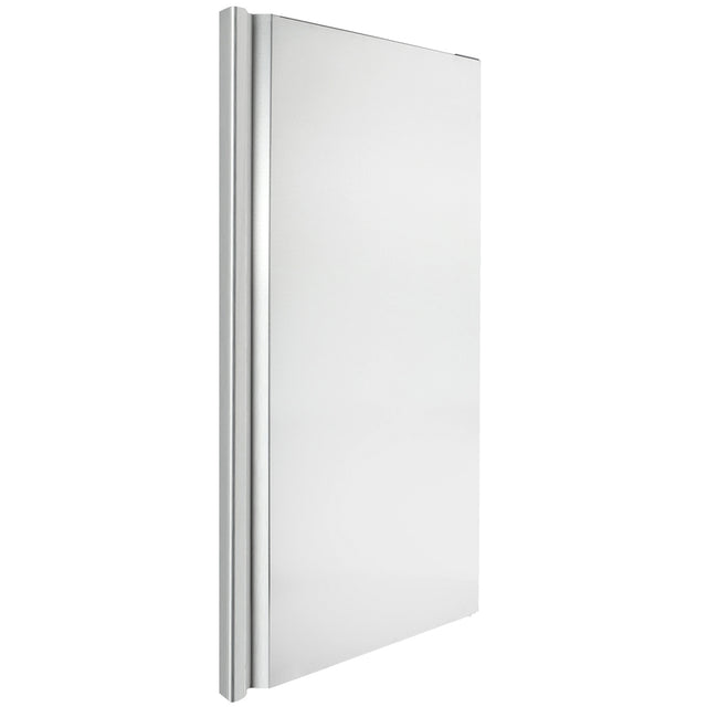 A rectangular, frameless, clear glass shower screen with a silver vertical hinge on the left side—Door Right option. Photographed on a white background at a slight angle to show depth. The design is modern and minimalist.