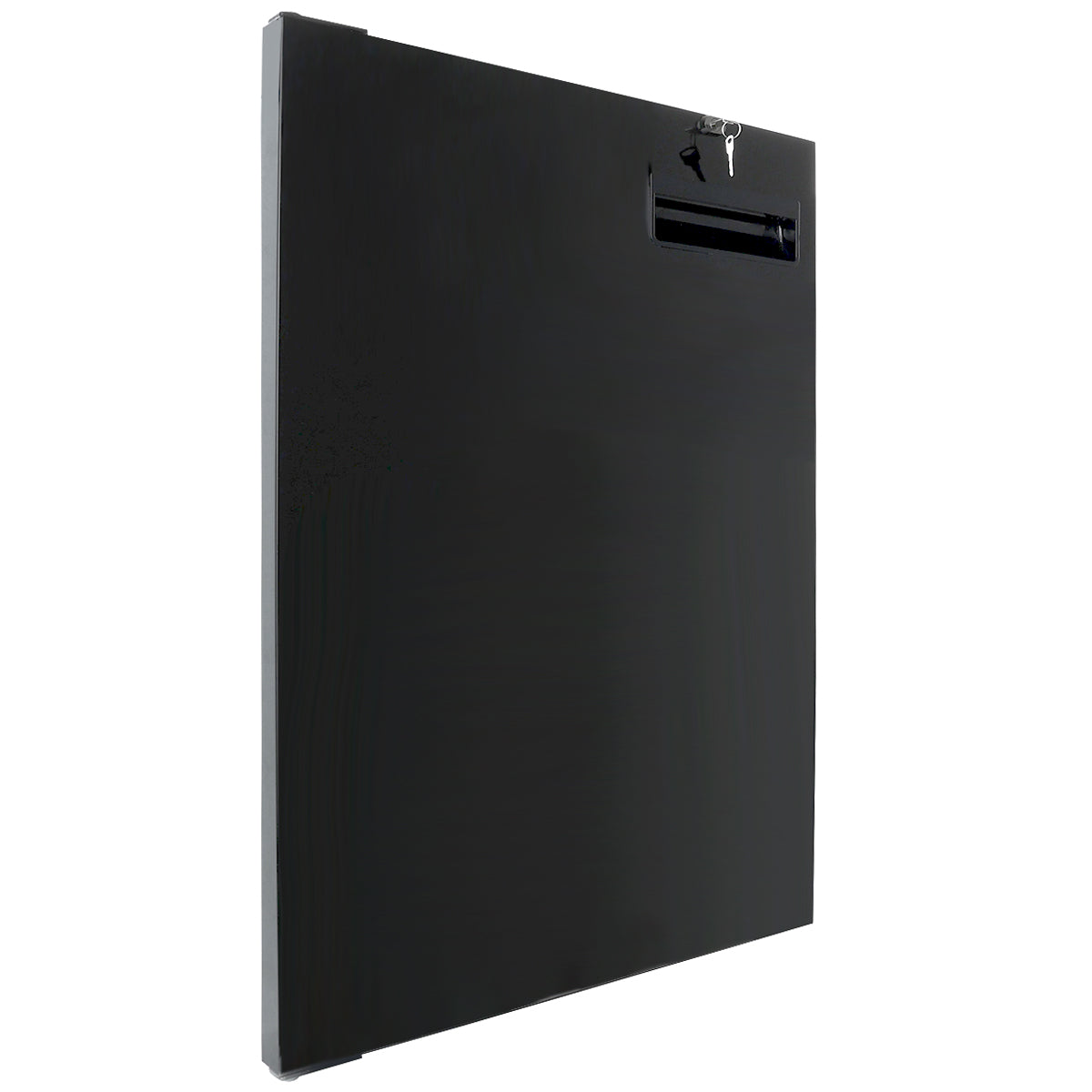 A black, rectangular, wall-mounted metal drop box from Empura Parts is shown at an angle. It features a narrow mail slot with flap and a keyhole with key at the top right. The smooth, matte surface has slight shadows along the edges.