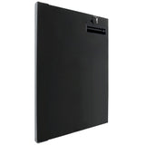 A black, rectangular, wall-mounted metal drop box from Empura Parts is shown at an angle. It features a narrow mail slot with flap and a keyhole with key at the top right. The smooth, matte surface has slight shadows along the edges.