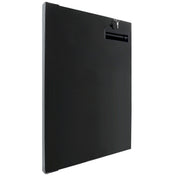 A black, rectangular, wall-mounted metal drop box from Empura Parts is shown at an angle. It features a narrow mail slot with flap and a keyhole with key at the top right. The smooth, matte surface has slight shadows along the edges.