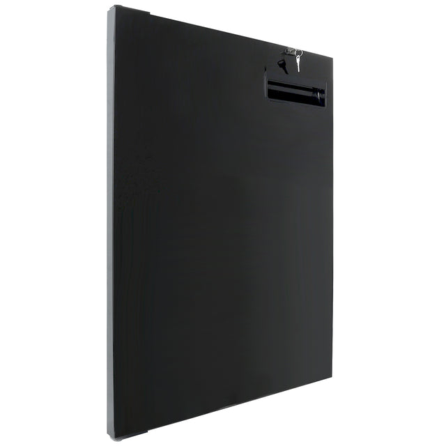 A black, rectangular, wall-mounted metal drop box from Empura Parts is shown at an angle. It features a narrow mail slot with flap and a keyhole with key at the top right. The smooth, matte surface has slight shadows along the edges.