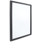A rectangular wall mirror with a simple, thin black frame is shown standing upright at a slight angle against a white background, resembling the sleek look of Empura Refrigeration units. The mirror’s surface is clear and reflects no objects.