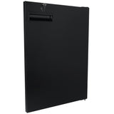A sleek, matte black metal lockbox with a rectangular pull handle and a keyhole at the top left corner, ideal for securing Empura Parts. Two keys are inserted into the lock. The box is shown upright against a white background.