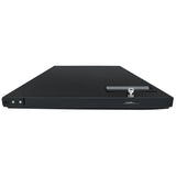 A flat, rectangular black metal lockbox viewed from the front. Reminiscent of Empura Refrigeration styling, it features a small lock with a key on the top right and two round buttons on the front left edge. The surface is smooth and minimalist.