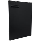 A rectangular, black metal security box by Empura Parts features a handle slot near the top and a key lock with two keys inserted in the upper left corner. The box is photographed against a plain white background.
