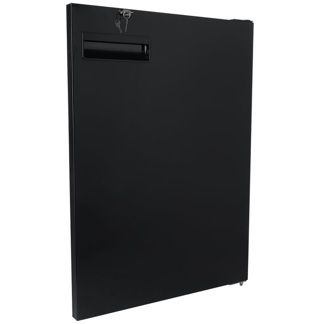 A rectangular, black metal security box by Empura Parts features a handle slot near the top and a key lock with two keys inserted in the upper left corner. The box is photographed against a plain white background.
