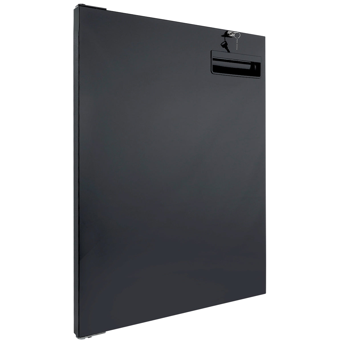 A black rectangular metal door panel from Empura Refrigeration with a recessed handle and a lock near the top right corner. A key is inserted into the lock, and the Door Left surface is smooth, reflective, and shown at a slight angle to reveal its thickness.