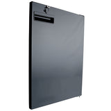 A rectangular, black metal Door Right is shown upright. It features a mail slot near the top left corner and a key lock with a key inserted just above the slot. The smooth, reflective surface resembles those used in Empura Refrigeration units.