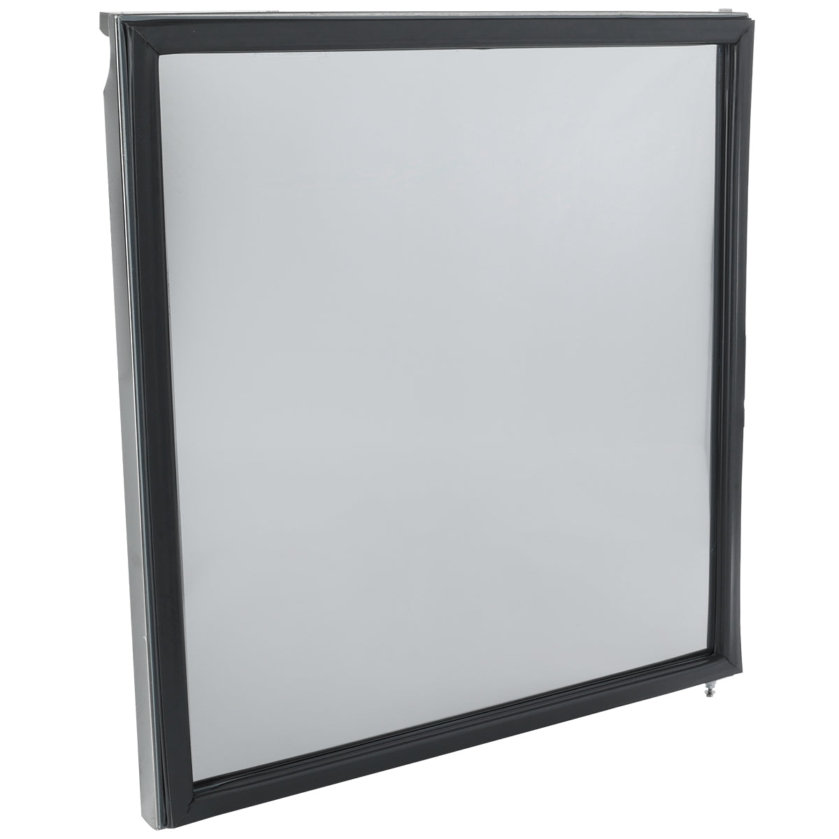 A square, single-pane window with a thick black frame is shown against a white background. The glass is clear, and the frame has a slightly beveled edge, similar to those found on Empura Refrigeration units, with a metal latch on the lower right corner.