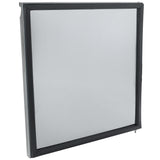 A square, single-pane window with a thick black frame is shown against a white background. The glass is clear, and the frame has a slightly beveled edge, similar to those found on Empura Refrigeration units, with a metal latch on the lower right corner.