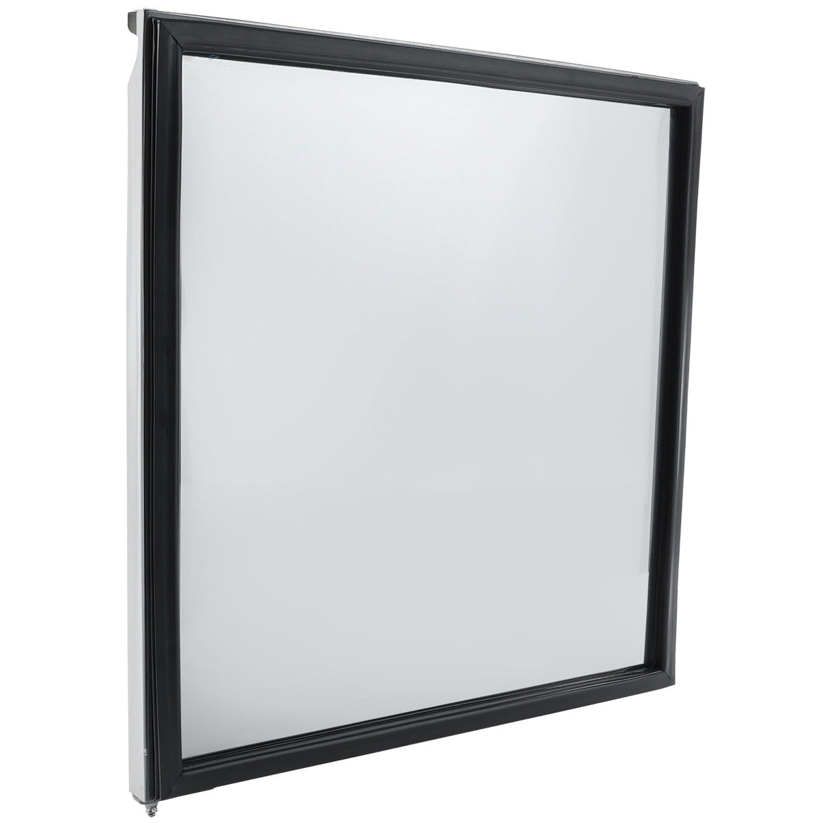 A square window with a black frame is shown standing upright at an angle. The glass is clear and reflects light, while the slim black frame gives it a modern, Empura Refrigeration-inspired appearance. The plain white background highlights the window.