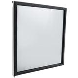 A square window with a black frame is shown standing upright at an angle. The glass is clear and reflects light, while the slim black frame gives it a modern, Empura Refrigeration-inspired appearance. The plain white background highlights the window.