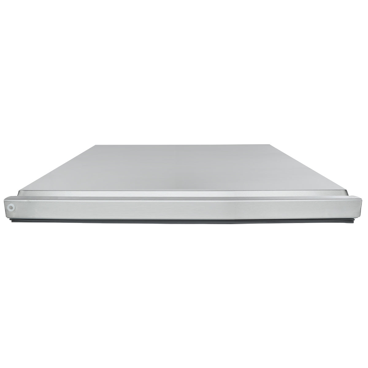 A stainless steel dishwasher door panel, compatible with Empura Refrigeration units, is shown from the front at a low, straight-on angle. The flat panel has slightly rounded edges and a small round button on the left side of the handle area. Background is plain white.