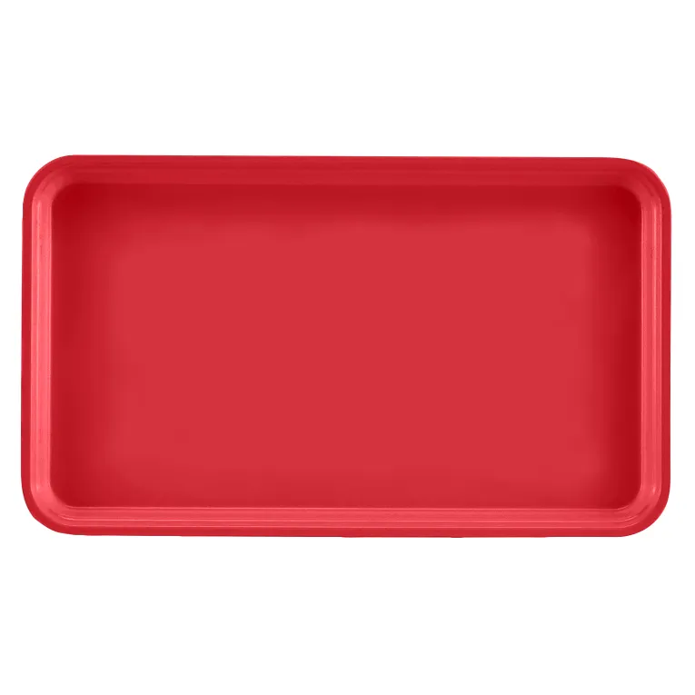 A rectangular red Camtray with slightly raised, rounded edges. Made from high-impact fiberglass, this tray is dishwasher safe and shown empty from a top-down view on a white background.
