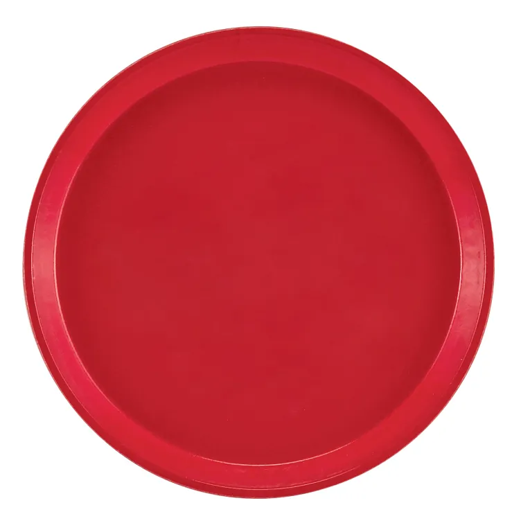 A top view of a plain, round, solid red Serving Camtray with a slightly raised rim. This smooth fiberglass tray is dishwasher safe and unmarked, set against a white background that makes the red color stand out clearly.