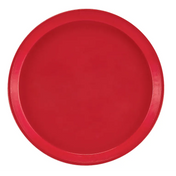 A plain, round, red Serving Camtray with a raised rim is shown against a white background. This fiberglass tray features a smooth surface and no visible patterns or textures, giving it a simple and bold appearance.