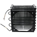 A black metal wire Empura Refrigeration condenser coil unit with a square frame, circular central opening, and grid pattern. Two copper tubes with insulation extend from the side. Features multiple coiled pipes and mounting holes at the corners.