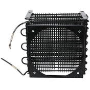 A black metal wire Empura Refrigeration condenser coil unit with a square frame, circular central opening, and grid pattern. Two copper tubes with insulation extend from the side. Features multiple coiled pipes and mounting holes at the corners.