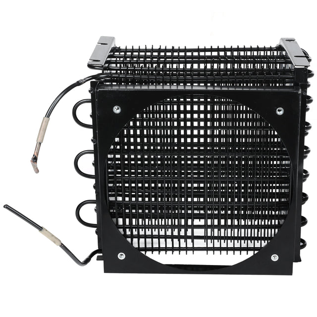 A black metal wire Empura Refrigeration condenser coil unit with a square frame, circular central opening, and grid pattern. Two copper tubes with insulation extend from the side. Features multiple coiled pipes and mounting holes at the corners.